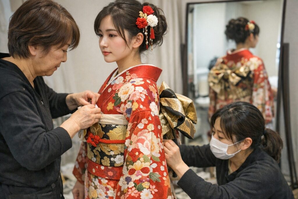 振袖の着付けをしてもらっている様子