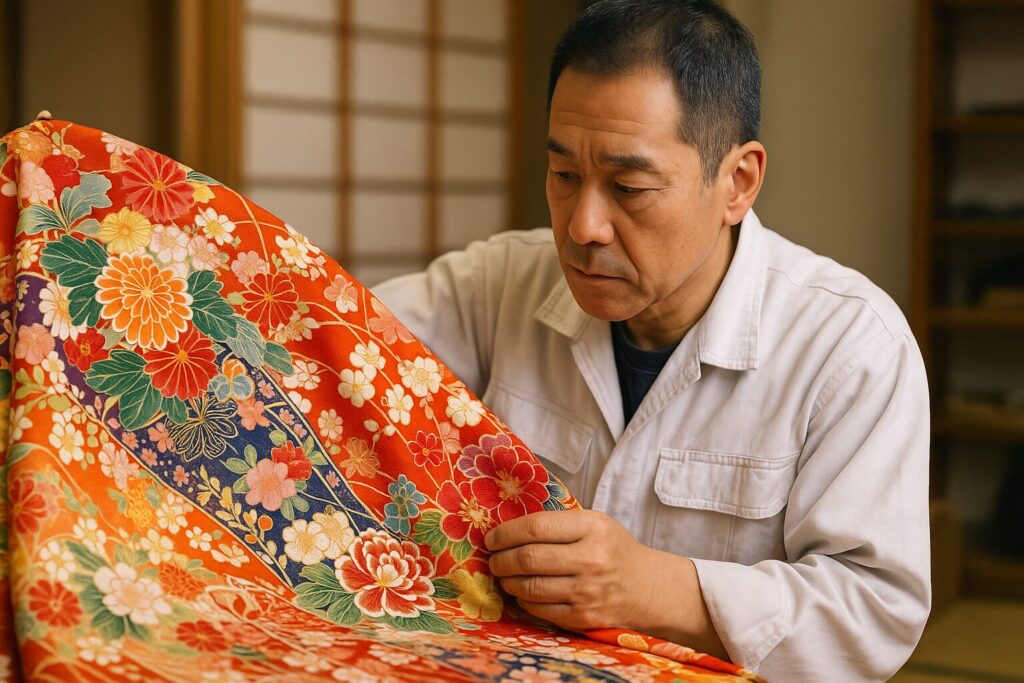 和室で華やかな着物生地を丁寧に確認している日本人の職人