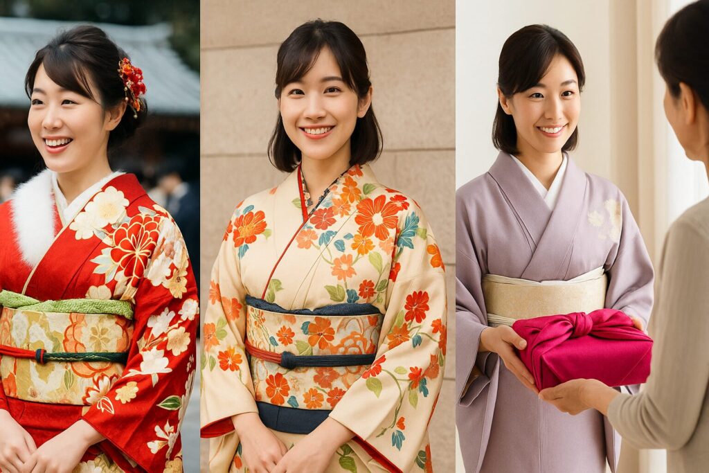成人式・カジュアル・家族へのプレゼントの場面でそれぞれ着物を着た女性たちの三連画像