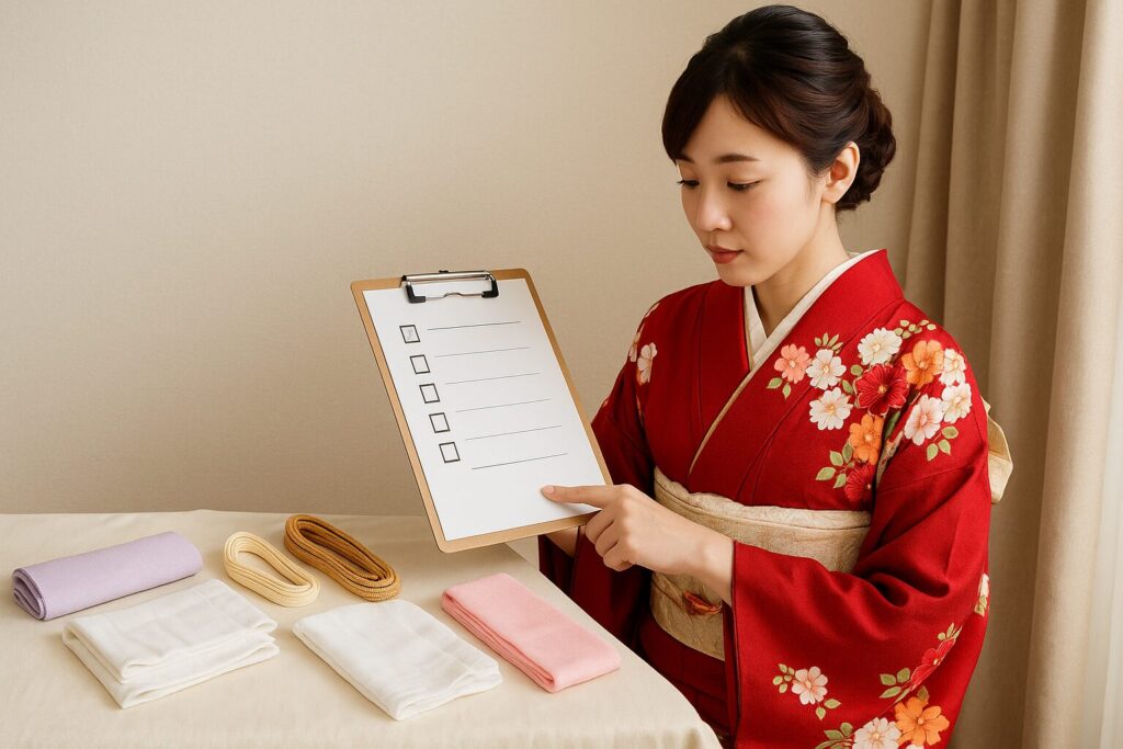赤い着物姿の女性が着付けに必要な小物を確認している様子