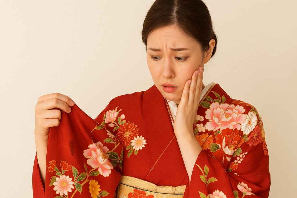 赤い花柄の着物にシミがついて困っている女性