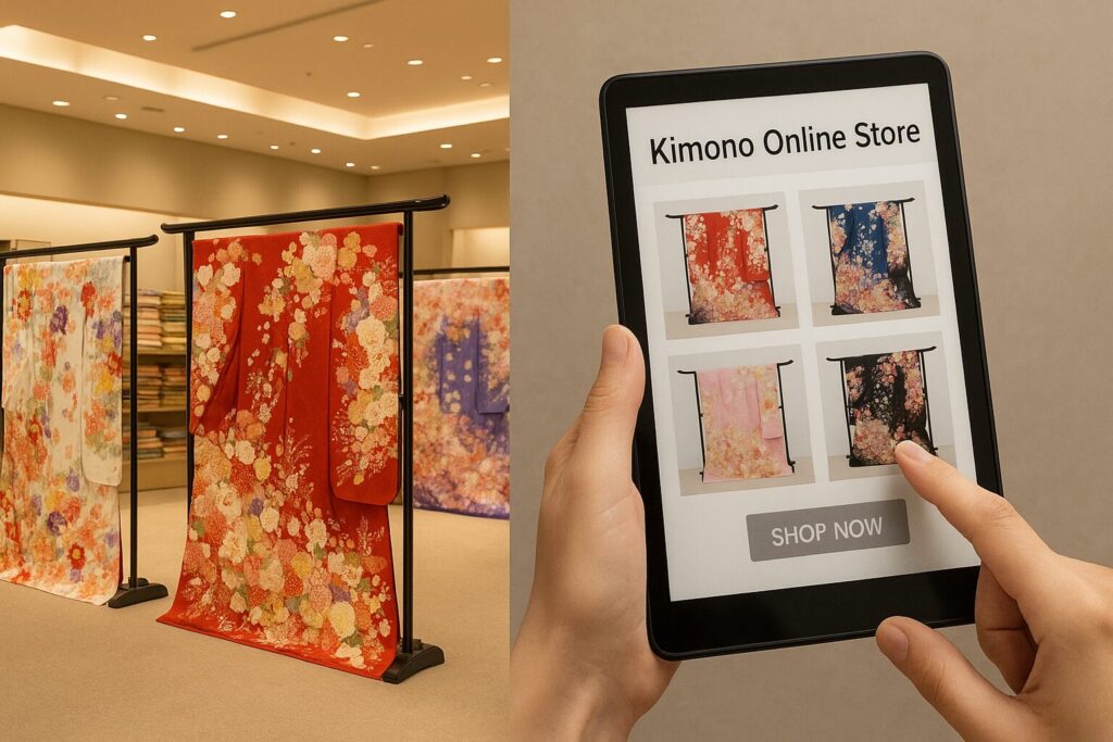 着物店の店内とタブレットで着物のオンラインショップを見ている様子