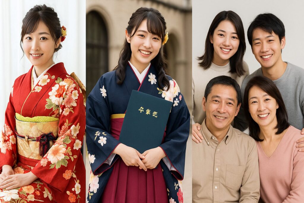 成人式の赤い振袖姿の女性、卒業式で袴と卒業証書を持つ女性、そして笑顔の家族写真が並んだ3枚構成の画像。