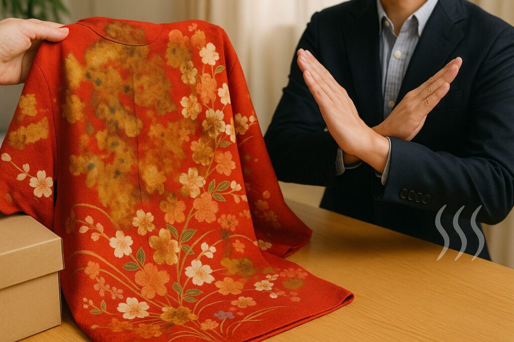 シミや汚れが広く付いた着物を査定員が断っている様子