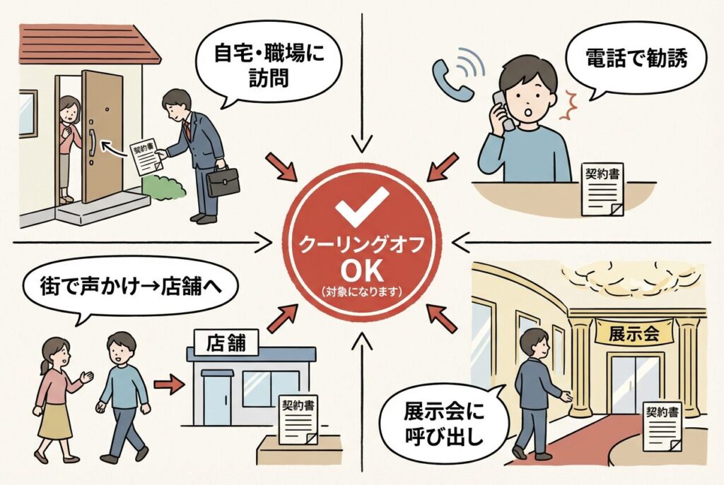 訪問販売：自宅や職場に営業の人が来て契約した場合

電話勧誘販売：電話で勧誘されて契約した場合

キャッチセールス：街で声をかけられて店舗に連れて行かれ、そこで契約させられた場合

展示会での販売：ホテルや会場での展示会に呼び出されて契約した場合