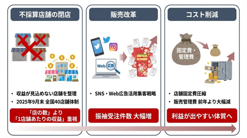 不採算店舗の閉店：収益が見込めない店舗を整理し、2025年9月末時点で全国40店舗体制に絞り込みました。「店の数」より「1店舗あたりの収益」を重視する方針に転換しています。

販売改革：SNSやWeb広告を活用した集客戦略を本格導入し、振袖の受注件数を大幅に伸ばしました。

コスト削減：店舗の固定費を圧縮し、販売管理費を前年より大きく減らすことで利益を出しやすい体質に変えました。
