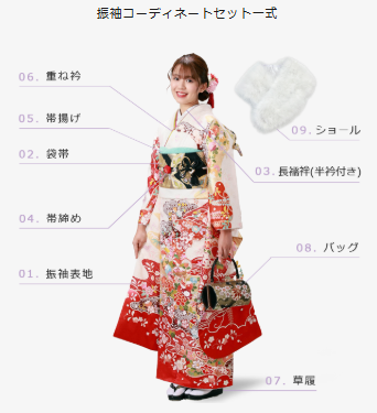 振袖コーディネート一式
振袖（正絹）、袋帯、長襦袢、帯揚げ、帯締め、重ね衿、草履、バッグ、足袋